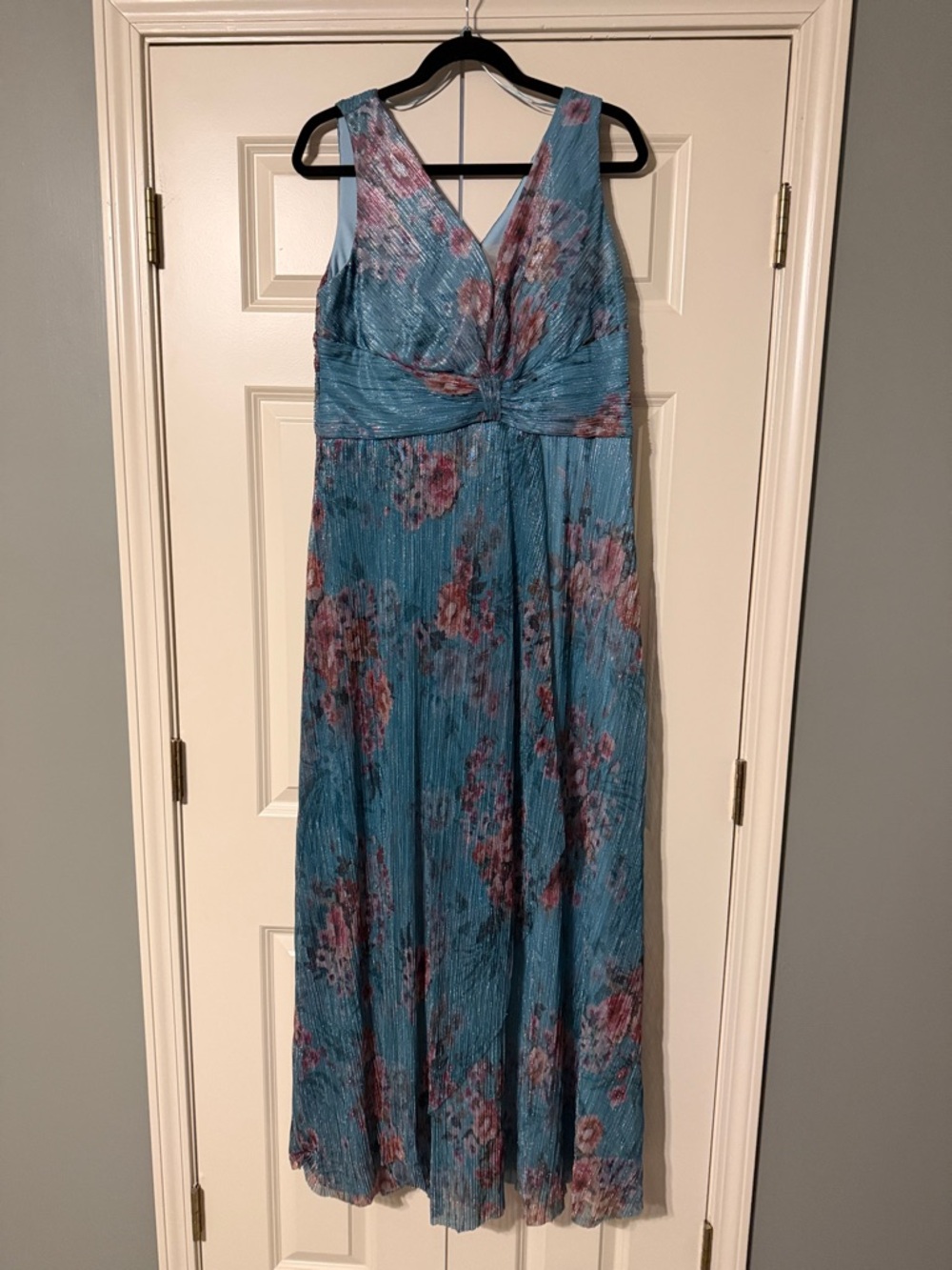 R&M Richards Teal Blue Floral V-Neck Maxi Dress